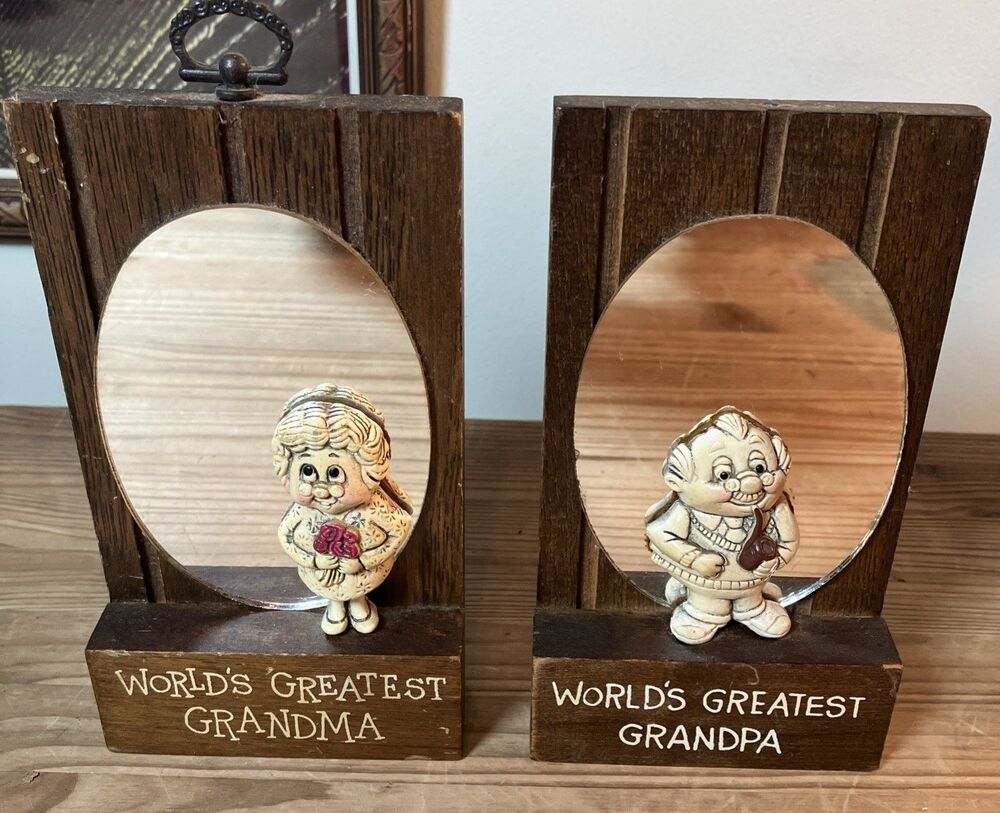 VTG Wallace Berries 70s Wood Plaques Set Of 2 Mirror Greatest Grandma & Grandpa